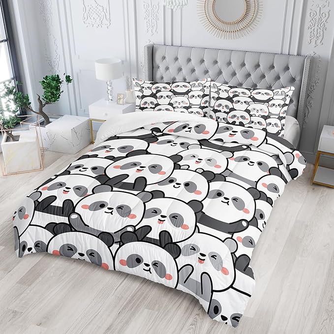 Kawaii Cartoon Black White Panda Bedding Animal Themed Comforter 3Pcs Queen Bear Pattern Bedding Set for Kids Teens Girls Boys Bed Decor Emoticon Panda Quilt with 1 Comforter and 2 Pillowcases
