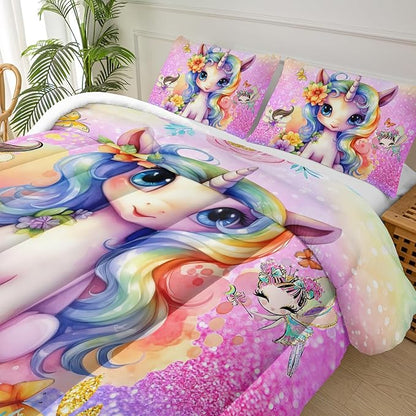 Cute Unicorn Comforter Set Twin for Girls Kids, Rainbow Unicorn Flower Print Galaxy Bedding Set,Soft Microfiber Cartoon Comforter Set with 2 Pillowcases,Toddler Bedding Set