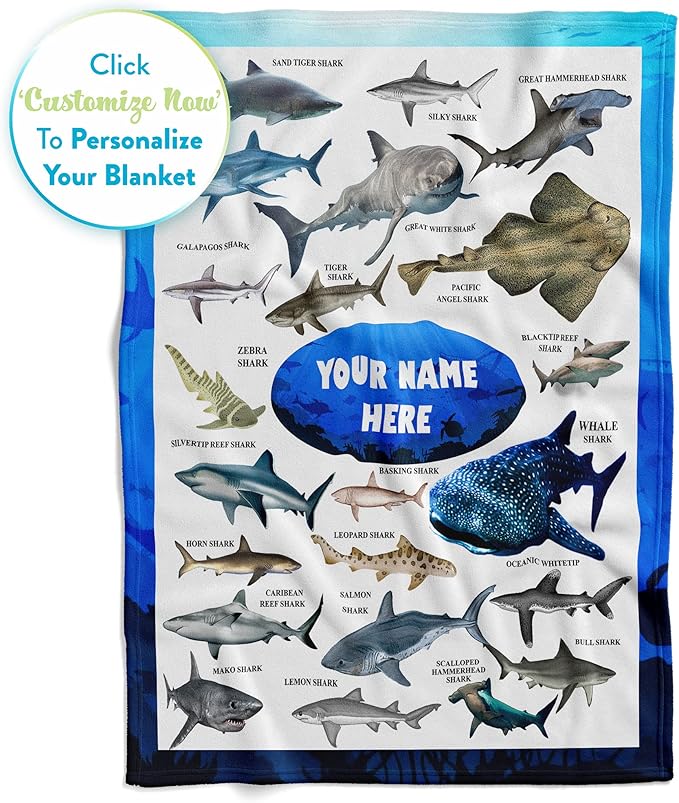 Personalized Shark Blanket for Kids - Ships Next Day and Made in USA - Soft Fleece Throw Bed, Cute Room Decor, Plush Sofa Couch Cover, Lightweight Baby Shark Toys, Custom Gift (Fleece 50x60)
