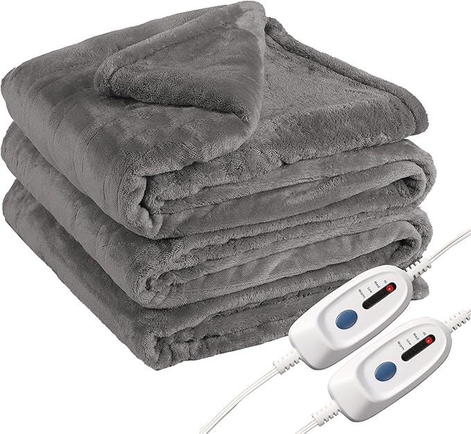 Electric Heated Blanket Queen Size 84"x90", Dual Control Fast Heating Cozy Heated Blanket for Bed, 10 Hours Auto Off & 4 Heating Levels, Warm Gift for Grandma-Light Gray