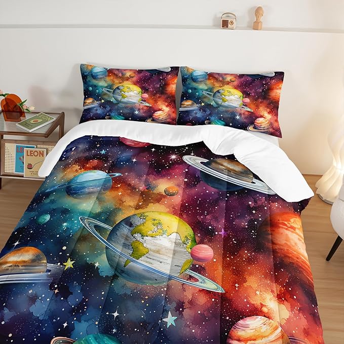 Solar System Bedding Full Comforter Set for Boys,Starry Sky Planets Series Bedding Set Comforter for Kids Boys Girls Bedroom Decor,Space Themed Bedding Set with 2 Pillowcases.