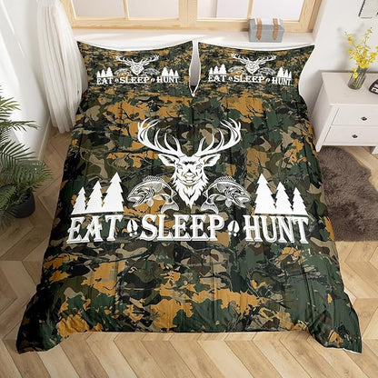 Castle Fairy Hunting Themed Bedding Set Queen Size,Deer Antler Fish Bird Pine Trees Print Duvet Cover Set for Children Bedroom Present, Green Camo Leaves Microfiber Comforter Cover with 2 Pillowcases