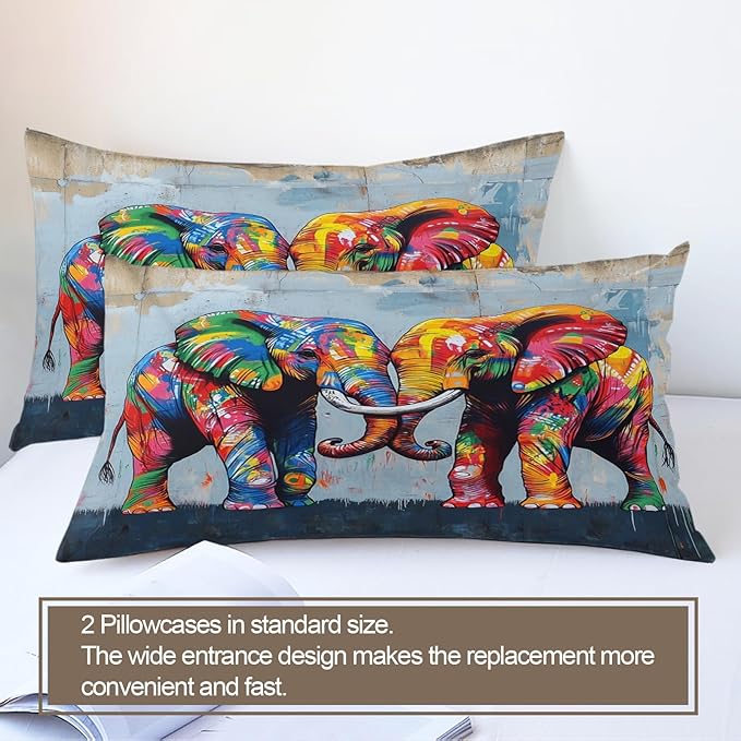 Elephant Duvet Cover Full Size, Fun Colorful Elephant Bedding Set 3 Piece Bedroom Decor Wildlife Graffiti Art Comforter Cover with Zipper Ties & 2 Pillowcases