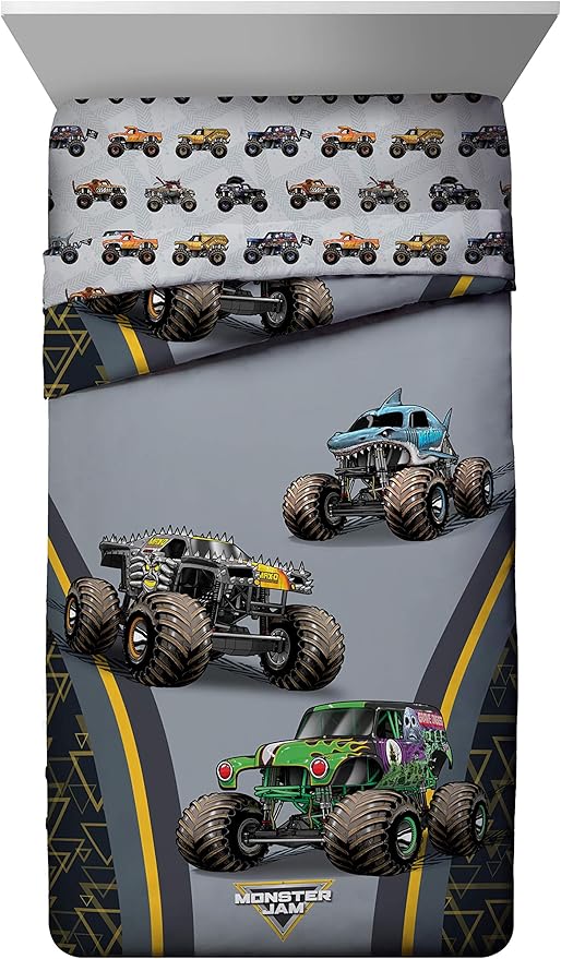 Jay franco Monster Jam MJ Life 5 Piece Full Bed Set-Includes Reversible Comforter&Sheet Set-Bedding Features Grave Digger, Max-D, Megalodon-Super Soft Microfiber-(Official Monster Jam Product)