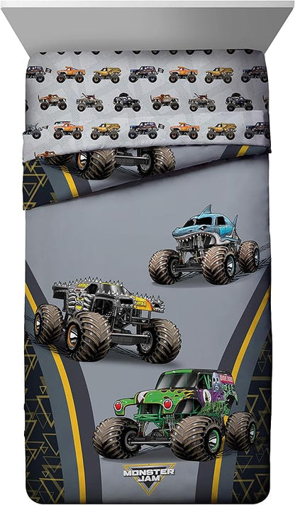 Jay franco Monster Jam MJ Life 5 Piece Full Bed Set-Includes Reversible Comforter&Sheet Set-Bedding Features Grave Digger, Max-D, Megalodon-Super Soft Microfiber-(Official Monster Jam Product)