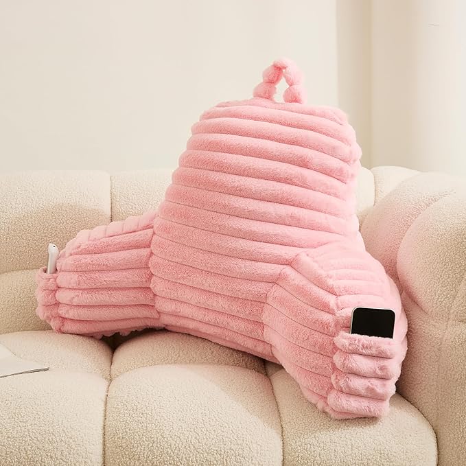 WERDIM Reading Pillow for Sitting in Bed, Faux Fur Back Pillow for Rest, Bed Chair Pillow with Arms and Pockets(XLarge, Pink)
