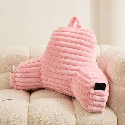 WERDIM Reading Pillow for Sitting in Bed, Faux Fur Back Pillow for Rest, Bed Chair Pillow with Arms and Pockets(XLarge, Pink)
