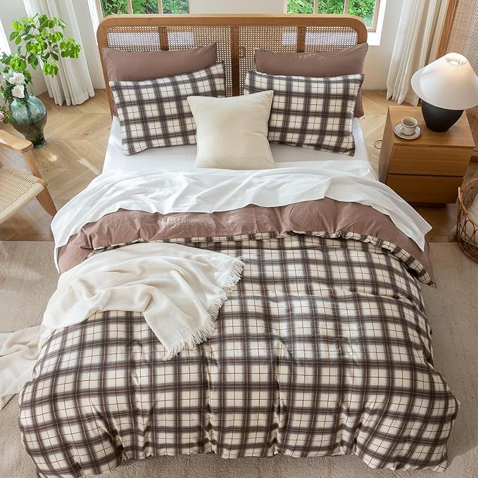 Jane yre Duvet Cover Queen Plaid Brushed Soft Microfiber Gauze Fabric Reversible 3 Pieces Bedding Set Vintage Style Checkered Pattern Queen Duvet Cover with Zipper Closure Luxury Breathable Comfy