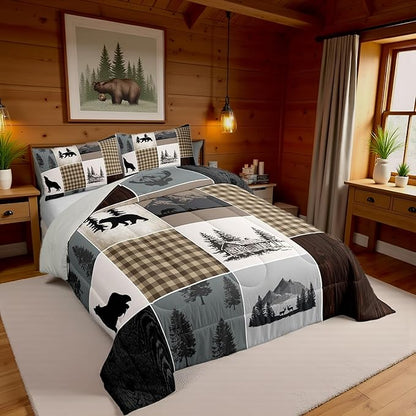 Bear Deer Comforter Set King Size,Brown Geometric Check Patchwork Bedding Set Wild Animals Hunt Adventure Quilted Duvet Boys Girls Men Teens Bedroom Decor Rustic Country Cabin Duvet Insert 3pcs