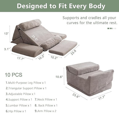 HIGOGOGO 10PCS Orthopedic Bed Wedge Pillow Set – Adjustable Soft Foam Body Positioners for After Surgery Recovery, Back & Leg Pain Relief, Sitting Up in Bed, Acid Reflux & GERD, Grey