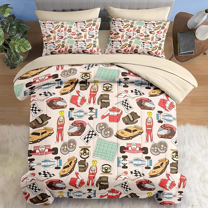 Comforter Set Full Size, Racing Car Competition 7 Pcs Bedding for Kids and Adults, Race Game Cute Wheel Bed Sheet Sets with Fitted Sheet 2 Pillowcases & 2 Shams for Bedroom Bed Decor