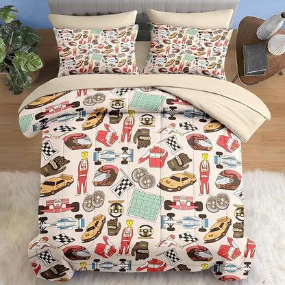 Comforter Set Full Size, Racing Car Competition 7 Pcs Bedding for Kids and Adults, Race Game Cute Wheel Bed Sheet Sets with Fitted Sheet 2 Pillowcases & 2 Shams for Bedroom Bed Decor