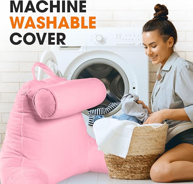 Cheer Collection Reading Pillow Chair - Chair Pillow with Arms and Detachable Neck Bolster for Bed & Couch - Machine Washable, Pink