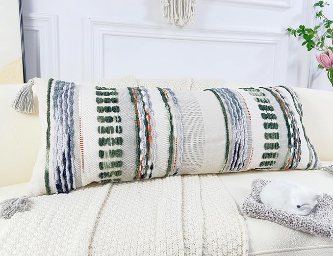 Chenille and Cotton Long Pillow for Bed, Striped Textured Boho Lumbar Throw Pillow Cover 14x36, Neutral Accent Decorative Extra Long Body Pillow Case for Couch, Sofa, Bedroom, Sage Green