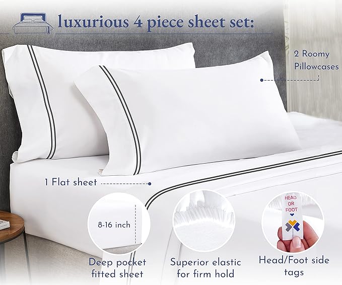 California Design Den Queen Size Sheet Set - 100% Cotton, 600 Thread Count, Deep Pocket Queen Sheets, Premium-Feel Bedding with Sateen Weave - White Embroidered Gray