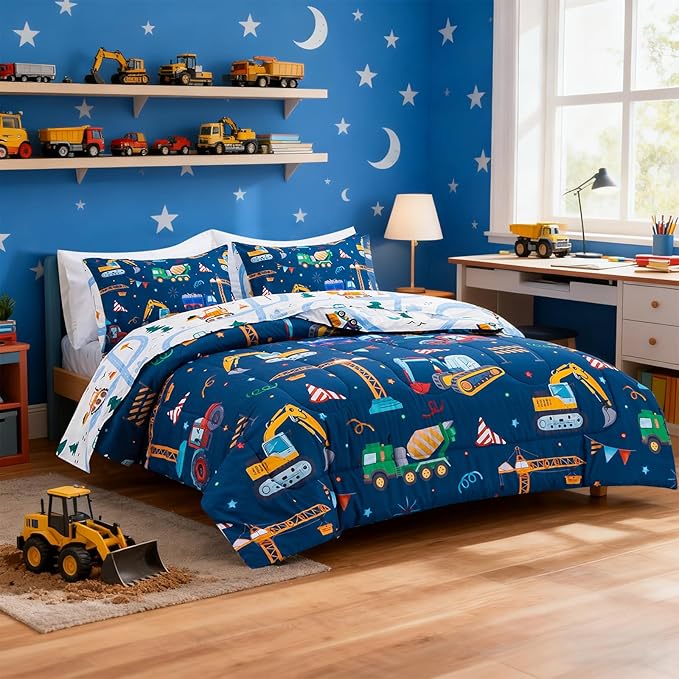 Holawakaka Trucks Tractors Cars Boy Bedding Comforter Set with Sheets, Twin Size Cartoon Construction Car Excavator Print Kids Bed in A Bag 5-Piece, Boys Reversible Dorm Bed Sets (Navy Blue Twin)