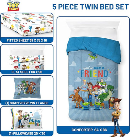 Jay Franco Kids Comforter Set Includes Sheets and Pillow Cover - Soft and Cozy Bed Set for Stylish Room Decor, Blue - Toy Story, 5 Piece Twin