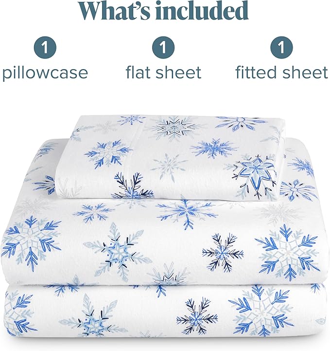 Bare Home Cotton Flannel Sheet Set Prints, 100% Cotton, Velvety Soft Heavyweight - Double Brushed for Softness & Comfort - Deep Pocket - Bed Sheets - Cotton - Flannel - Printed (Twin, Snowflakes)