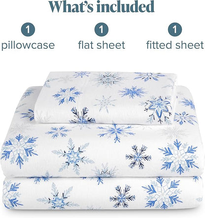 Bare Home Cotton Flannel Sheet Set Prints, 100% Cotton, Velvety Soft Heavyweight - Double Brushed for Softness & Comfort - Deep Pocket - Bed Sheets - Cotton - Flannel - Printed (Twin, Snowflakes)
