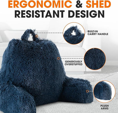 Cheer Collection Fluffy Reading Pillow Chair - Shaggy Hair Chair Pillow with Arms for Bed & Couch, Navy Blue