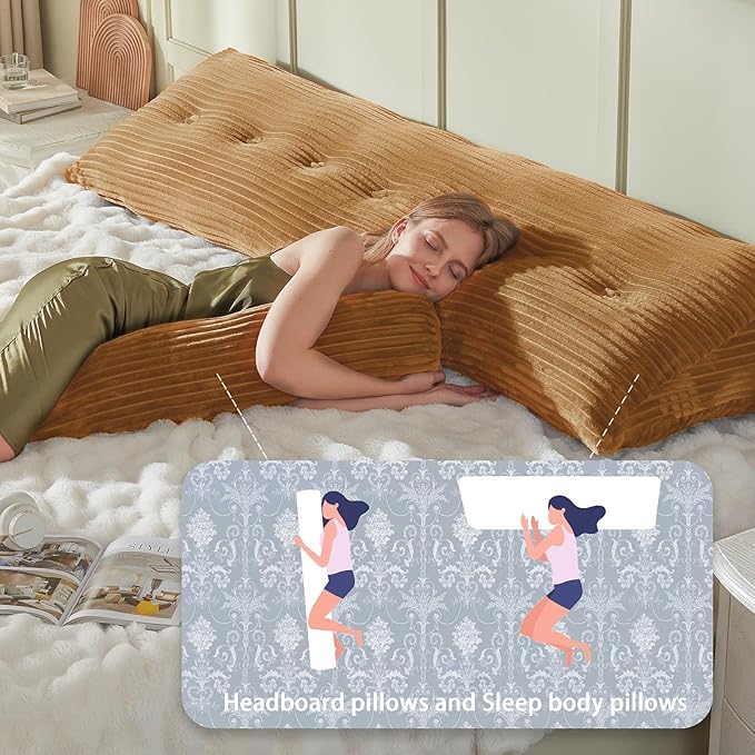 Headboard Wedge Pillow + A Long Neck Roll Pillow Body Pillow，Large Headboard Pillow with Removable Cover (Brown, Queen：59x8x20 inches)