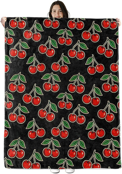 Cherry Blanket Gifts for Boys Girls Kids, Red Fruit Pattern Warm Soft Flannel Throw Blankets for Travel, Sofa, Living Room, Bedroom Decor, 40x50 in