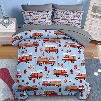 Nesker 7 Pcs Comforter Set Queen Size, Red Fire Engine Bedding for Kids Teen, Fire-Fighting Trucks Vehicle with Fitted Sheet 2 Pillowcases & 2 Shams for Bedroom Bed Decor