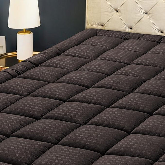 HYLEORY Queen Mattress Pad Quilted Fitted Mattress Protector Cooling Pillow Top Mattress Cover Breathable Fluffy Soft Mattress Topper with 8-21" Deep Pocket, Brown