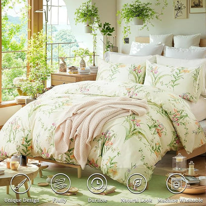 Duvet Cover Queen Size 100% Cotton Reversible Green Leaves Duvet Cover Set with Zipper Closure, 3 Pieces Vintage Flower Floral Bedding Comforter Cover, Ultra Soft & Breathable