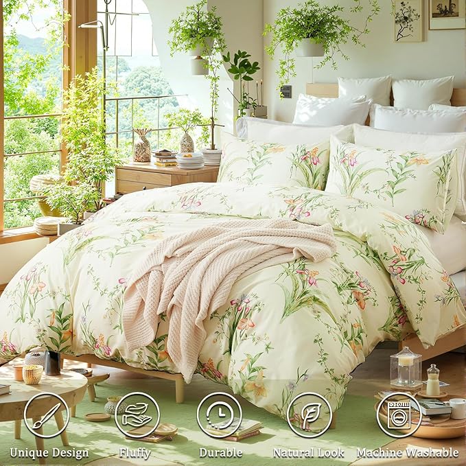 Duvet Cover King Size 100% Cotton Reversible Green Leaves Duvet Cover Set with Zipper Closure, 3 Pieces Vintage Flower Floral Bedding Comforter Cover, Ultra Soft & Breathable