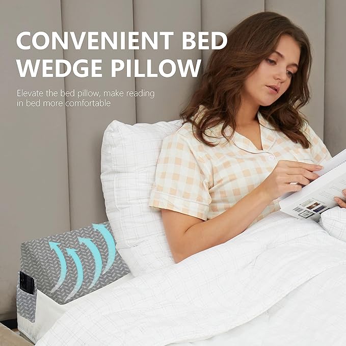 Bed Wedge Pillow for Headboard Gap Bed Mattress Gap Filler (0-8") Between Headboard/Wall and Mattress Grey Full Size Foam Support Triangle Bloster Pillow Stoppers with 2 Pockets