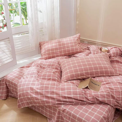 BuLuTu Pink White Plaid Duvet Cover Full 100% Washed Cotton Comforter Cover Set Modern Buffalo Plaid Bedding Set for Kids, Grid Gingham Duvet Cover and 2 Pillowcases for All Seasons