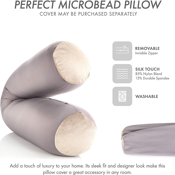 Straight Body Pillow, Full Size Premium Microbead,Side Sleeping/Maternity Pregnant Women, Supportive,Fluffy, Breathable, Cooling, 85/15 Spandex/Nylon Silky Feel Anti-Aging - 48 X 8 - Stone Grey
