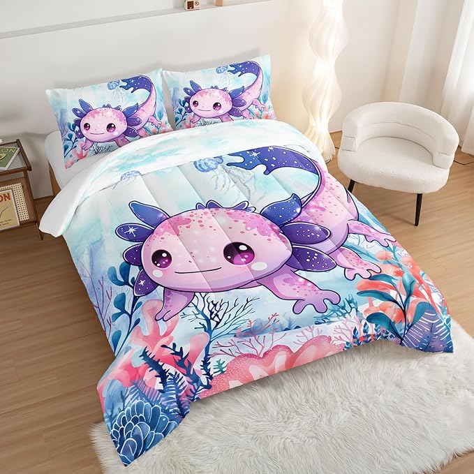 Cute Axolotl Bedding Set Full Size,Color Axolotl Waterweed Jellyfish Pattern Toddler Bed Comforter Set,Kawaii Ocean Life Bedding Sets for Kids Boys Girls Room Decor with 2 Pillowcases.