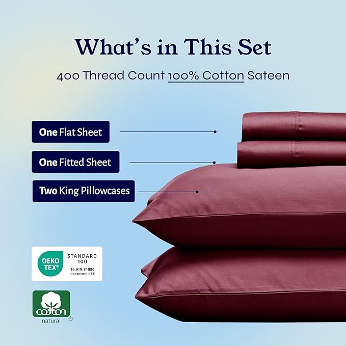 California Design Den King Size Sheets Set - Soft 400 Thread Count Sateen, Natural 100% Cotton Sheets with Deep Pockets, Breathable, and Durable Bedding Set - Burgundy Red