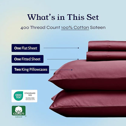 California Design Den King Size Sheets Set - Soft 400 Thread Count Sateen, Natural 100% Cotton Sheets with Deep Pockets, Breathable, and Durable Bedding Set - Burgundy Red