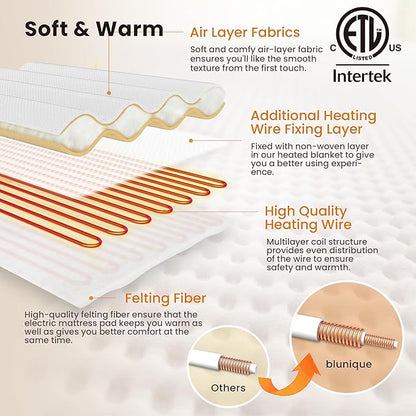 Electric Heated Mattress Pad Twin Size Single Control Bed Warmer, Deep Pocket, Side Storage Pouch for Controller, Machine Washable, Waffle Jacquard, 39"x75", White