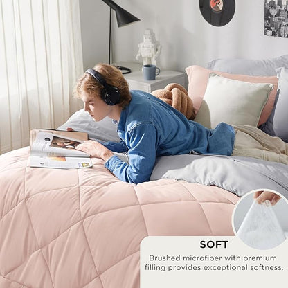 Bedsure Twin Comforter Set - 5 Pieces Reversible Blush Pink Bedding, Twin Size Bed Set for All Seasons, Bed in a Bag with Down Alternative Comforter, Sheets, Pillowcase & Sham