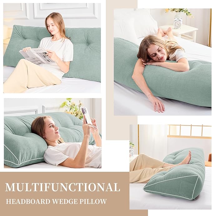 Sasttie Headboard Pillow Full, Wedge Pillow Headboard for Sitting Up in Bed, Back-Rest Support Triangular Cushion for Reading - Features Removable Washable Cover, Mint Green