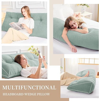 Sasttie Headboard Pillow King, Wedge Pillow Headboard for Sitting Up in Bed, Back-Rest Support Triangular Cushion for Reading - Features Removable Washable Cover, Mint Green