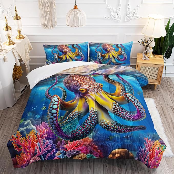 3D Octopus Comforter Set Full Size 3Pcs Nautical Ocean Bedding Set Seaweed Quilt Bed Set for Boys Girls with 1 Comforter and 2 Pillowcases