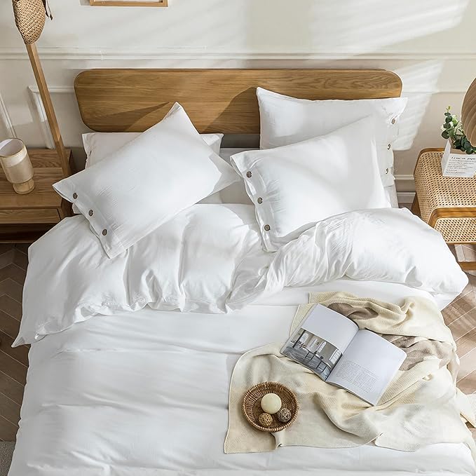 JELLYMONI Cotton Duvet Cover Super Queen Size - Bright White Comforter Cover with Button 100% Washed Cotton 3PCS Breathable Soft Solid Bedding Set Duvet Cover 98×90in & 2 Pillowcases (NO Comforter)