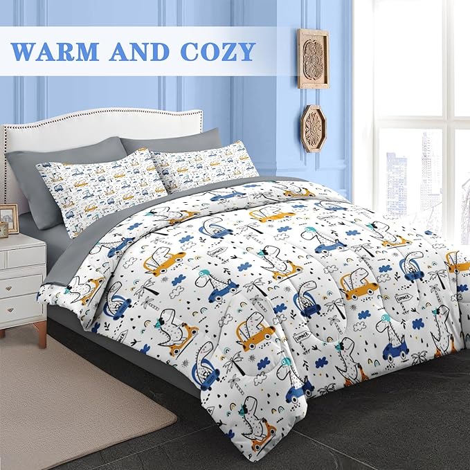 Comforter Set Twin Size, Funny Car Dinosaur 5 Pcs Bedding for Kids and Adults, Adventure Nursery Dino Bed Sheet Sets with Fitted Sheet Pillowcase & Sham for Bedroom Bed Decor