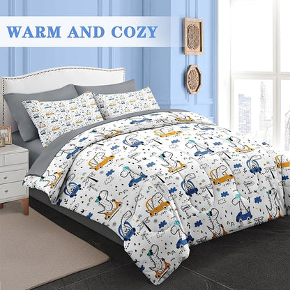 Comforter Set Twin Size, Funny Car Dinosaur 5 Pcs Bedding for Kids and Adults, Adventure Nursery Dino Bed Sheet Sets with Fitted Sheet Pillowcase & Sham for Bedroom Bed Decor