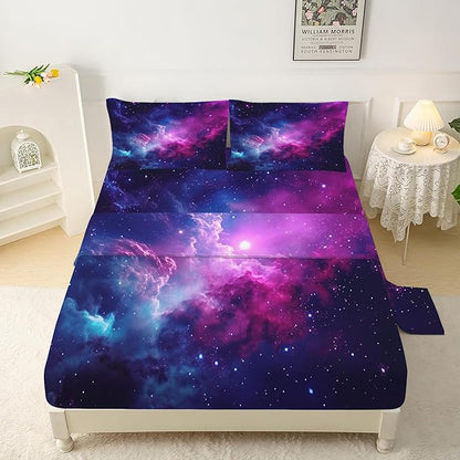 Purple Galaxy Sheet Sets Twin Size Constellation Bedding Set Kids Teens Girls Boys Starry Sky Fitted Sheet Outer Space Universe Star 1 Flat Sheet 1 Fitted Sheet 1 Pillowcase