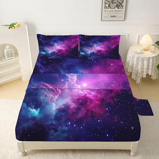 Purple Galaxy Sheet Sets Twin Size Constellation Bedding Set Kids Teens Girls Boys Starry Sky Fitted Sheet Outer Space Universe Star 1 Flat Sheet 1 Fitted Sheet 1 Pillowcase