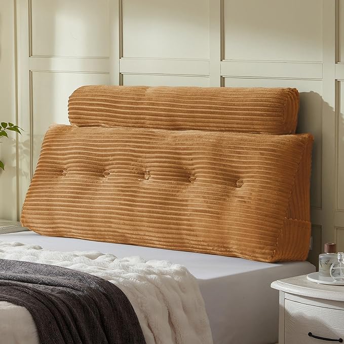 Headboard Wedge Pillow + A Long Neck Roll Pillow Body Pillow，Large Headboard Pillow with Removable Cover (Brown, Queen：59x8x20 inches)