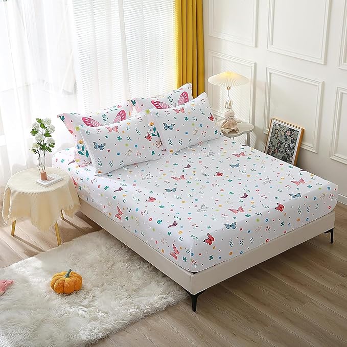Wajade Butterfly Full Size Comforter Set for Girls Kids Adult Bedding Sets for Girls 7 Pieces Bed in a Bag Colorful Butterflies Flower Leaves Bedding Set All Season Lightweight