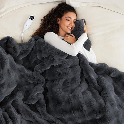 Bedsure Fluffy Bubble Faux Fur Heated Blanket Throw - Super Soft Electric Blanket, Heating with 6 Heating Levels, 4 Time Settings, 3-Hour Auto-Off, Decor Gifts for Home, Grey, 50x60 inches