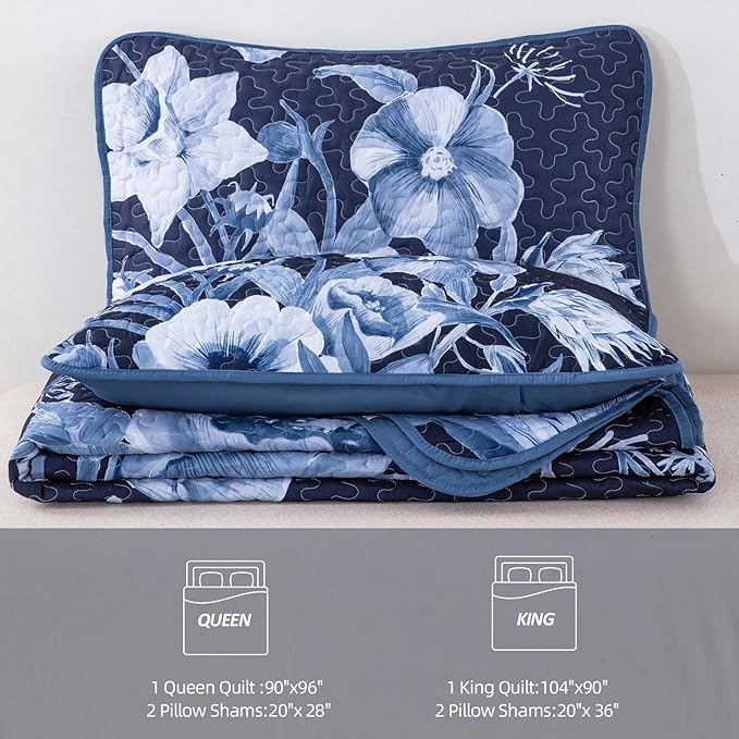 Floral Quilt Set Queen 3 Pieces Navy Blue Floral Quilt Coverlet Set Soft Microfiber Lightweight Navy Blue Quilted Bedspread for All Season 90"x96"
